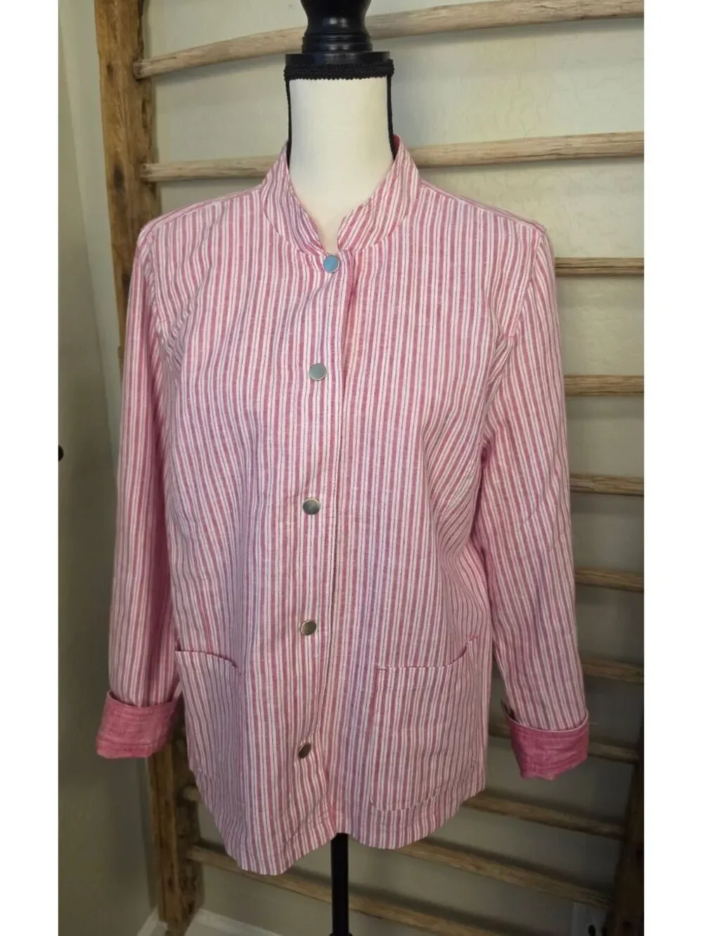 Chico's Pink and White Striped Reversible Button-Up Jacket Size 2